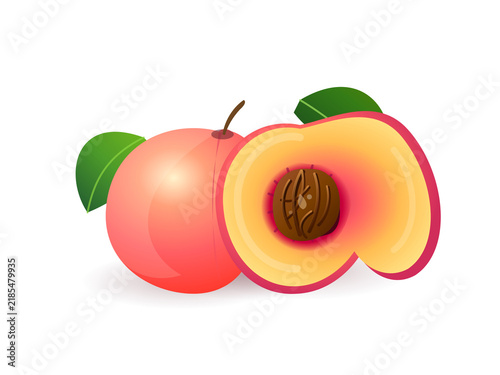 Fresh whole peach and half sliced fruit with green leaves