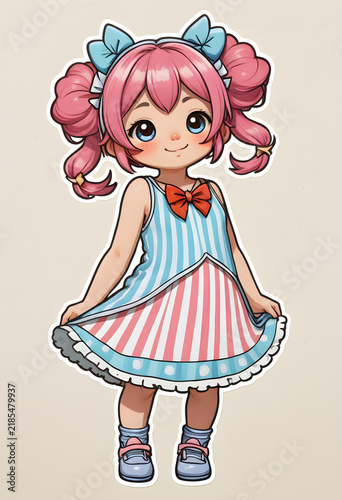 Niedliche rosa haarige Cartoon Figur im blau rosa gestreiften Kleid mit roter Schleife