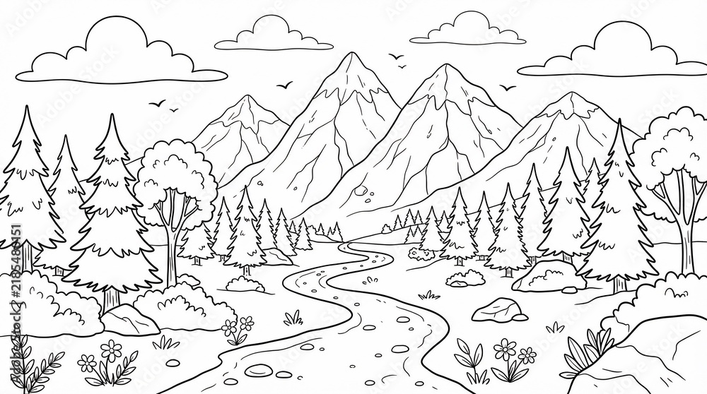 Fototapeta premium Mountain landscape coloring page with winding river and pine forest line art