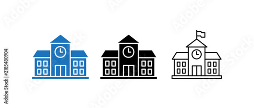 School building icon set, vector illustration of educational institution with clock tower