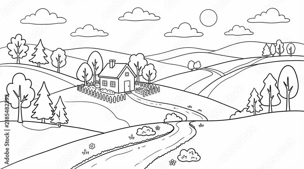 Fototapeta premium Countryside Landscape Coloring Page with House Rolling Hills Winding Road and Trees Line Art Illustration