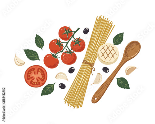 Fresh Italian Pasta Ingredients Displayed With Spaghetti Noodles Ripe Red Tomatoes Garlic Cloves Olives And Fragrant Basil Leaves Ready To Prepare A Homemade Traditional Mediterranean Cuisine