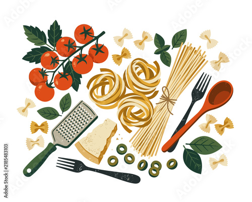Fresh Italian Pasta Ingredients Display Featuring Raw Spaghetti Bundles Ripe Tomatoes Green Basil Leaves Grated Cheese Wedge Kitchen Utensil Tools Including Metal Grater Plus Fork For Culinary
