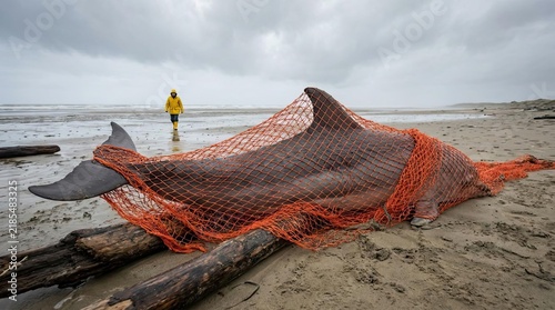 Dolphin tangled in orange fishing net on sandy beach