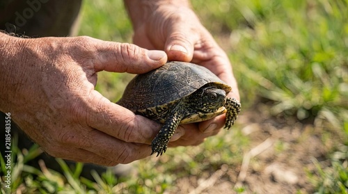 Elderly hands holding a small turtle in a sunny field