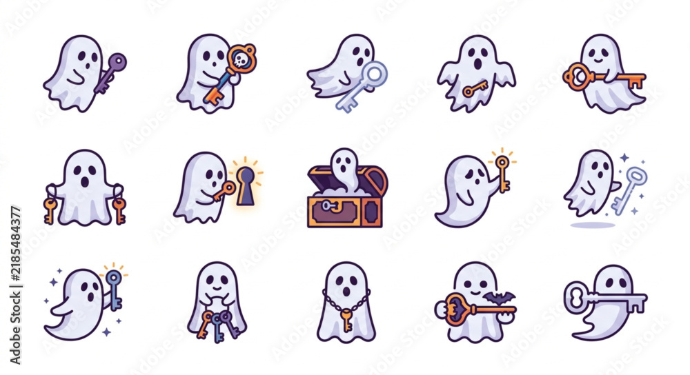 Fototapeta premium Clean Ghost Character Set with Keys Treasure Chest and Sparkles Whimsical Halloween Themed Icons