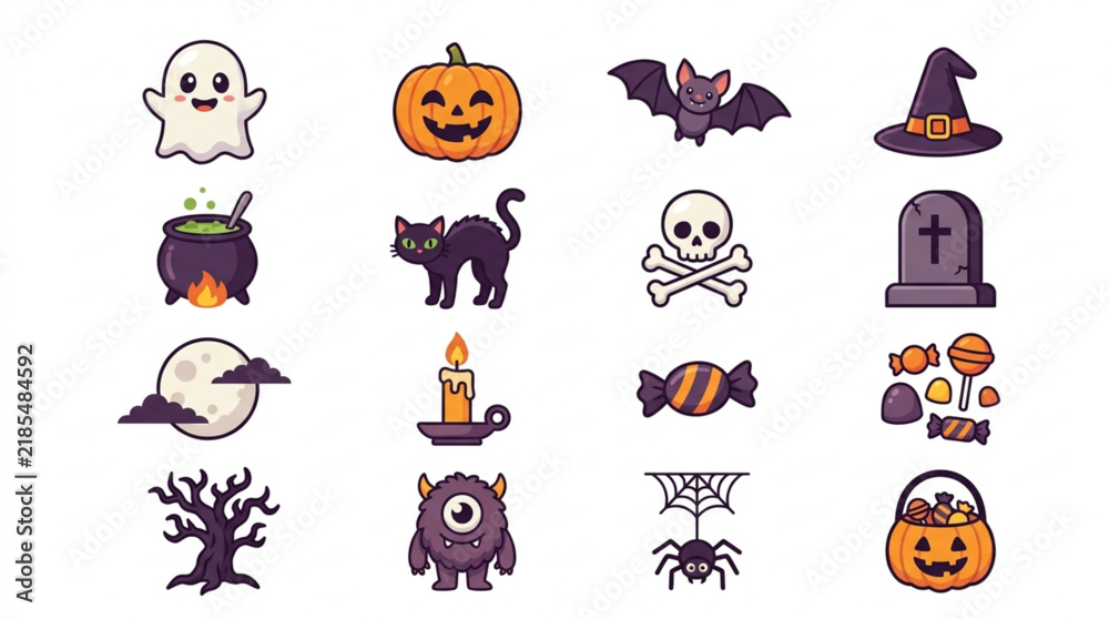 Obraz premium Clean Halloween Themed Icons Set with Ghost Pumpkin Bat Cat Cauldron and More in Bright Colors with high quality professional line art symbols for modern creative design and digital branding projects
