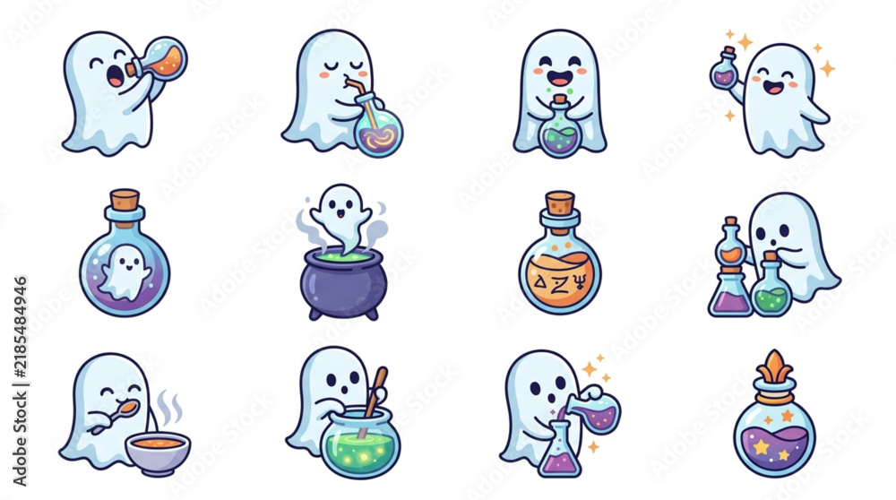 Obraz premium Clean Whimsical Cartoon Ghosts Engaged in Magical Potion Brewing with Colorful Vessels and Utensils