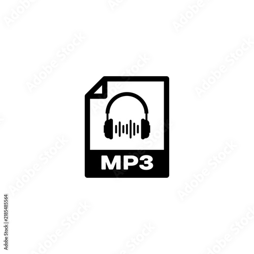 Minimalist graphic illustration of an MP3 audio file format document icon featuring a headphone and soundwave silhouette, isolated on a solid white background.