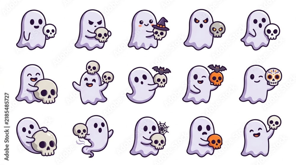 Obraz premium Corporate Collection of Whimsical Ghost Themed Icons with Skulls Jack O Lanterns and Halloween Accessories in Playful Pastel Shades