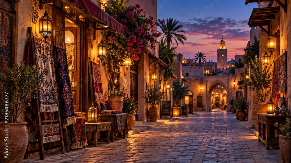 Fototapeta premium Colorful Moroccan Carpet Market Street with Traditional Lanterns at Night