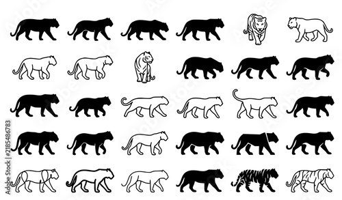 Panther Icon Set Vector Illustration, Wild Big Cat Silhouette and Line Icons, Jaguar Puma Leopard Animal Symbol Collection for Web and App Design
