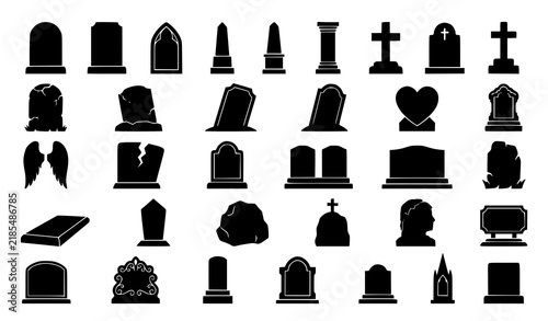 Grave Icon Set Vector Illustration, Halloween Cemetery Headstone Black Silhouette Icons, Spooky Tombstone Cross Symbol Collection for Web and App Design