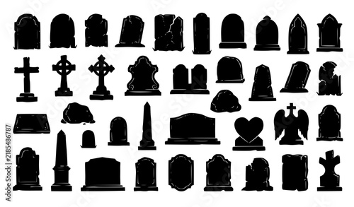Tombstone Silhouette Icon Set Vector Illustration, Cemetery Gravestone Black Icons, Halloween Cross Headstone Symbol Collection for Web and App Design
