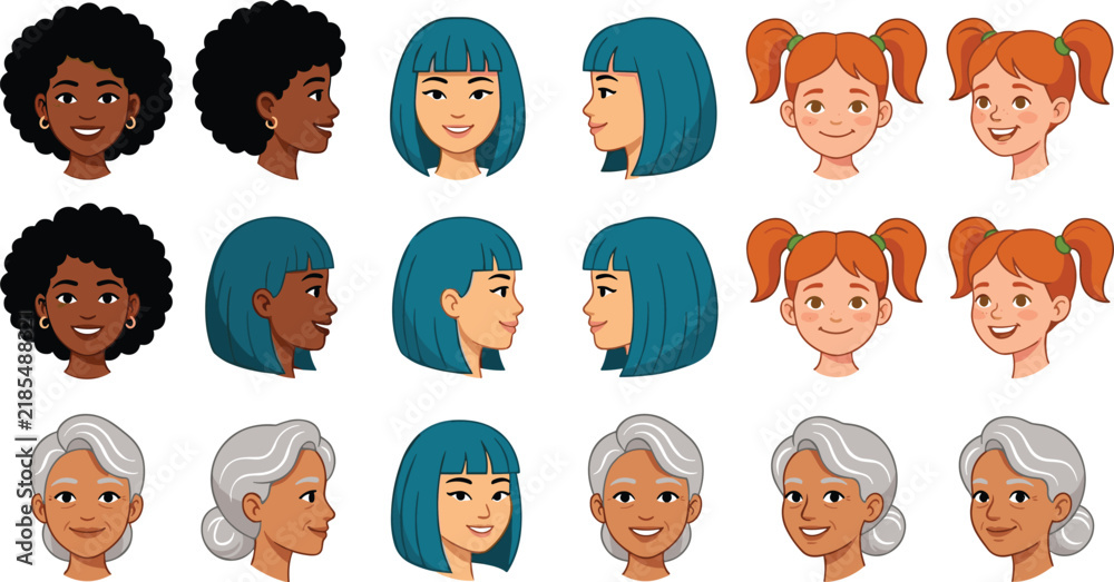 Obraz premium Diverse Women Avatar Face Vector Set featuring Diverse Ethnicities Hair Profiles Angles and Age Groups for Website User Interface UI Profile Icons
