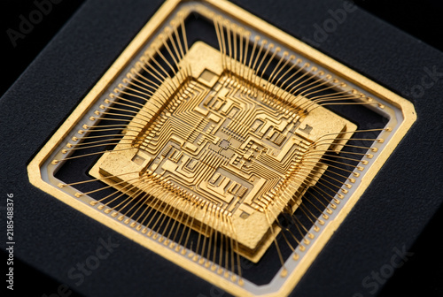 Macro Detail of Gold Quantum Computing Processor Core with Wire Bonding