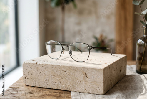 Sleek Unbranded Smart Glasses with Transparent Optics on Smooth Stone Pedestal
