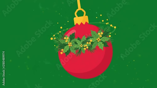 Festive red Christmas bauble ornament with green pine foliage and gold sparkles against a dark green background. Perfect for holiday video projects and seasonal greeting motion graphics.