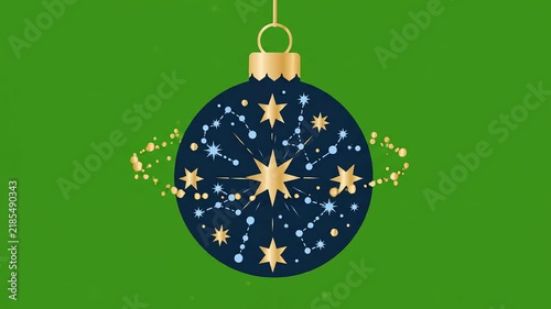 Hanging blue and gold celestial Christmas bauble ornament vector animation. Perfect for holiday video projects