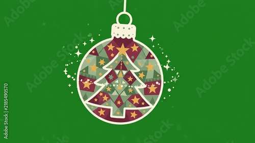 Festive christmas bauble ornament with geometric pine tree pattern and glowing magical sparkles against a solid green background. Perfect for holiday greeting video projects.