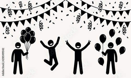 Bild auf Leinwand Celebrating people with balloons and confetti creates a black and white silhouet