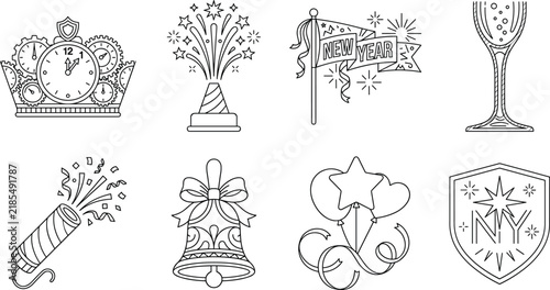 New Year Celebration Line Art Set Clock Crown Firework Flag Champagne Confetti Cannon Bell Balloons Shield Vector Illustration