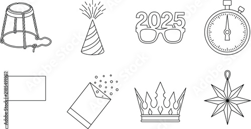 New Year Party Elements Set Line Art Champagne Wire Party Hat 2025 Glasses Stopwatch Crown Star Vector Illustration