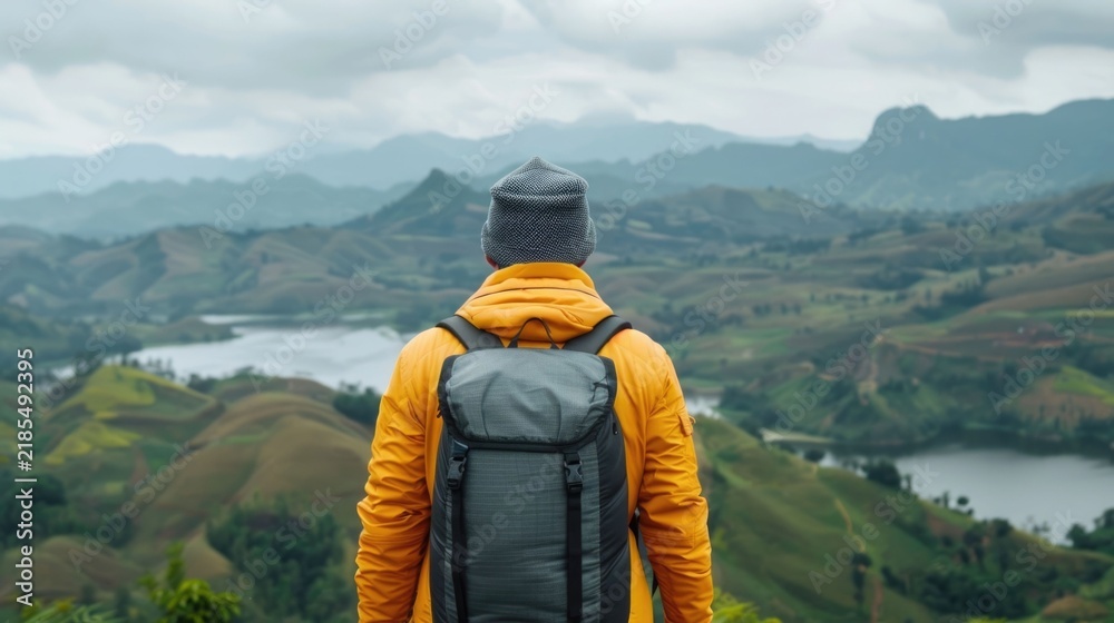 Fototapeta premium View from behind of a person wearing a yellow jacket and backpack standing on a hill overlooking a wide green mountainous terrain with lakes under a cloudy sky