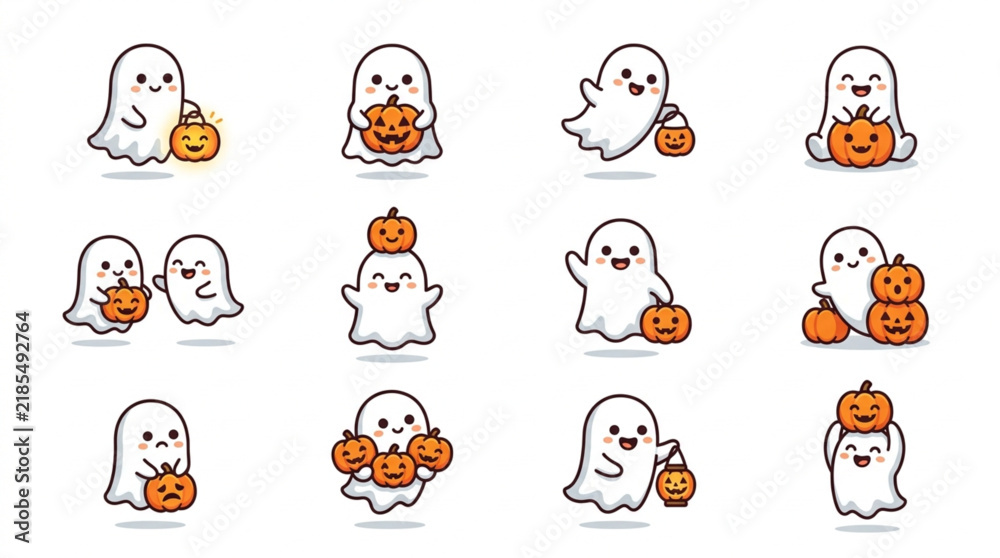 Fototapeta premium Dynamic Halloween Themed Ghost Characters Holding Colorful Mini Pumpkins in Playful Cartoon Style