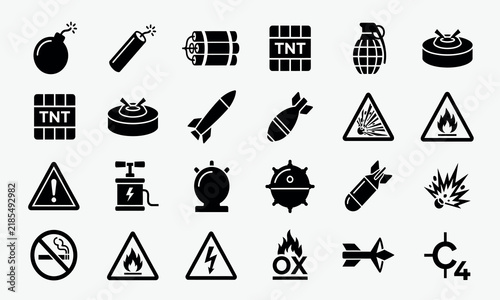 Collection of explosive ordnance and hazard warning icons presented in a flat black silhouette style explosives detonation danger grenade bomb