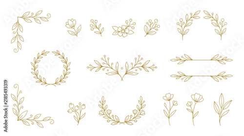 Elegant gold floral hand drawn design elements set with frames corners wreaths and dividers for wedding invitations greeting cards stationery and decorative art