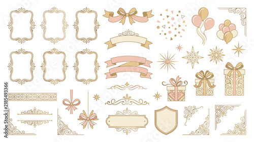 Set of elegant vintage gold and pink design elements, including ornamental frames, bows, ribbons, banners, gift boxes, and festive party decorations