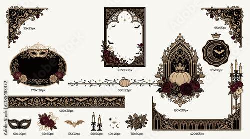 A collection of Gothic Halloween design elements featuring intricate vintage frames, ornate borders, spooky bats, pumpkins, roses, and candles for seasonal decor projects