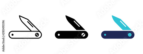Obraz na plátne Pocket knife and multipurpose folding penknife vector icon set featuring outline