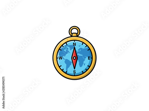 Compass With World Map Face And Red Needle Isolated On White Vector Illustration