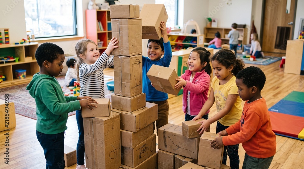 Obraz premium Diverse group of young children collaborating to build a tall tower out of cardboard boxes in a classroom