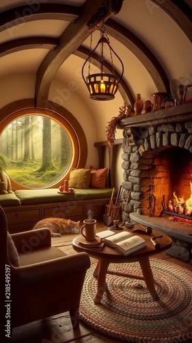 Cozy hobbit-style room with a warm fireplace, captured in a wide-angle video shot.