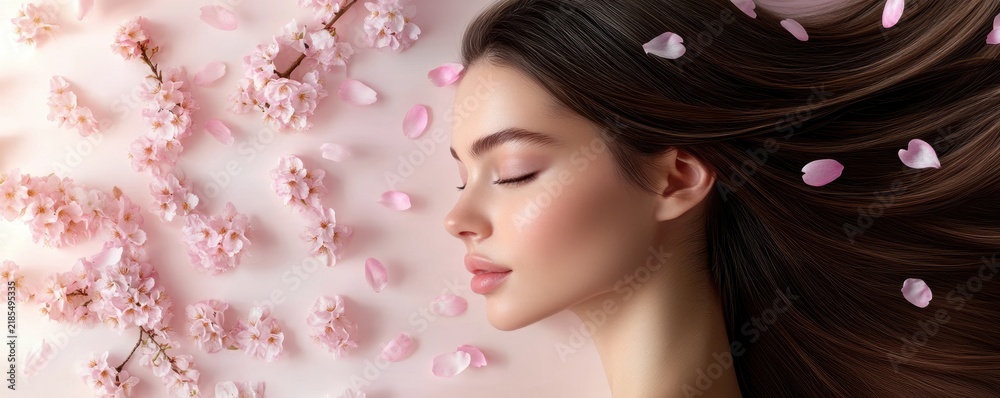 Fototapeta premium Pink flower on long hair of beauty woman in studio,spring or summer concept,creative bright image for advertising products for hair,copy space,sakura,cherry blossom,Bridal hairstyle with real flowers.
