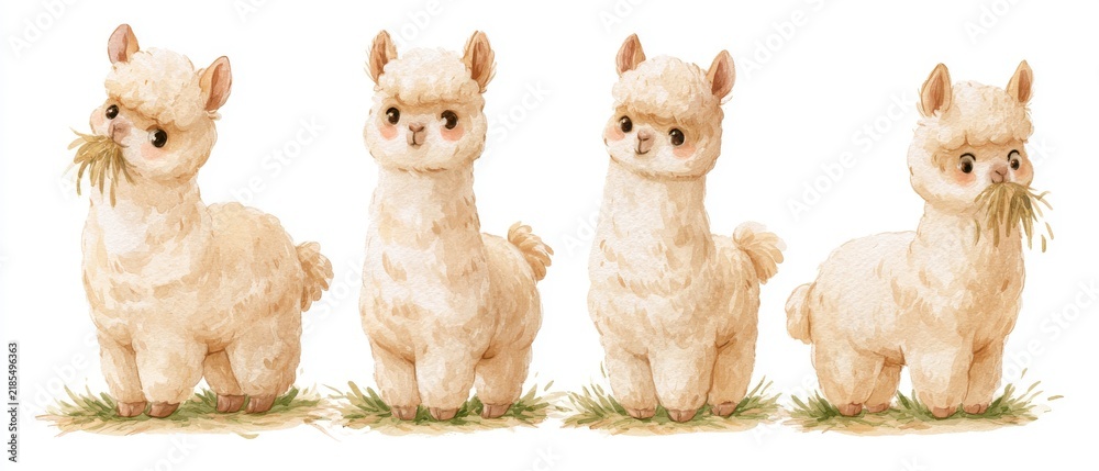 Fototapeta premium Cute watercolor illustration of a fluffy alpaca standing and eating hay, four different poses in a horizontal row, character sheet, isolated on a white background, soft colors, children's book