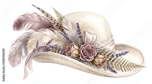 Elegant watercolor vintage hat decorated with feathers roses and lavender for a victorian garden