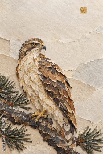 Hawk Perched on Pine Branch Japanese Washi Paper Collage Art with Copy Space