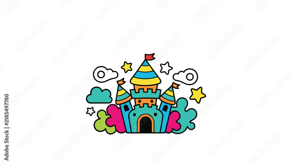 Naklejka premium Whimsical colorful cartoon castle featuring vibrant striped towers, surrounded by playful clouds, stars, and bright garden bushes.