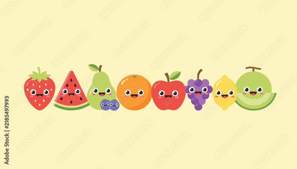 Fototapeta premium Large set of adorable cartoon fruit characters with cute faces arranged in a neat row on a solid yellow background.