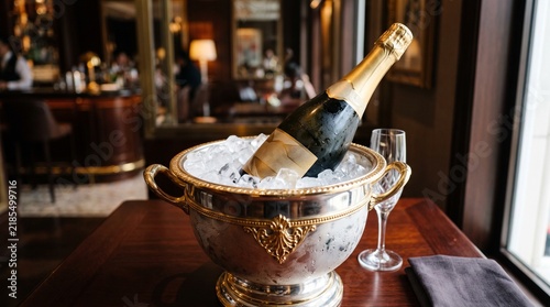 Champagne bottle chilling in ice bucket with champagne flute and dark napkin on wooden table in elegant bar