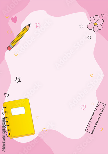 Pink Stationery Background with Pencil, Notebook and Paper Elements (Back to School)