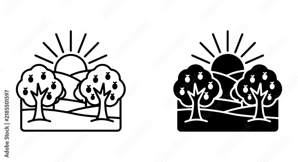 Fototapeta premium Orchard Landscape Icons: Pear Trees, Sun, Hills, Vector Art Set