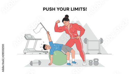 Personal Trainer Motivating Man at Gym Vector Illustration