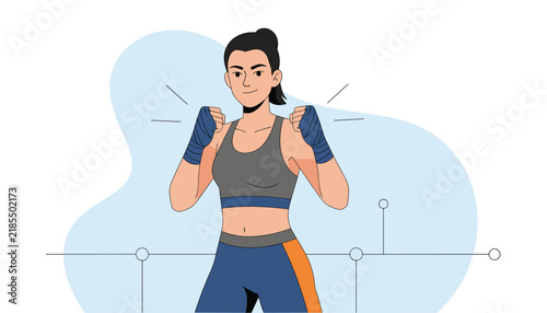 Female Boxer Ready for Fight Vector Illustration
