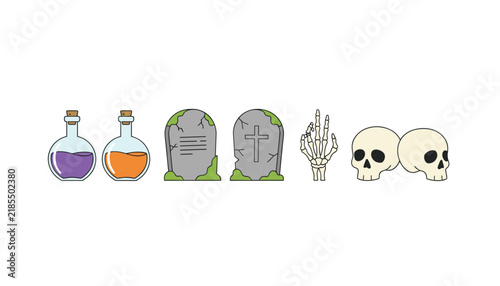 Halloween Vector Elements Set with Skulls and Gravestones