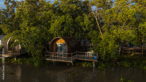 The image shows a house nestled in the mangrove forest, by the river.